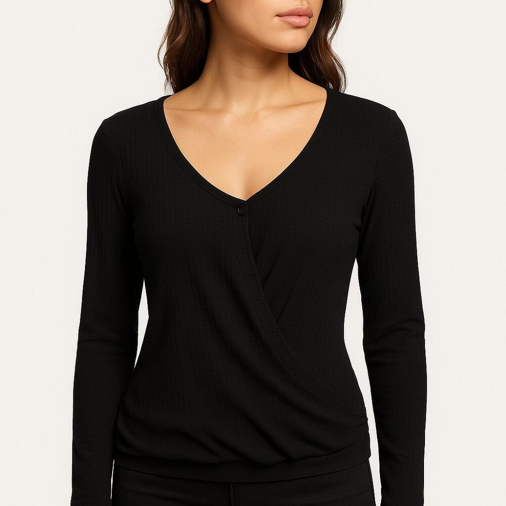 White Willow (NWT) Women's Black Wrap Front Long Sleeve Top - XS/XP